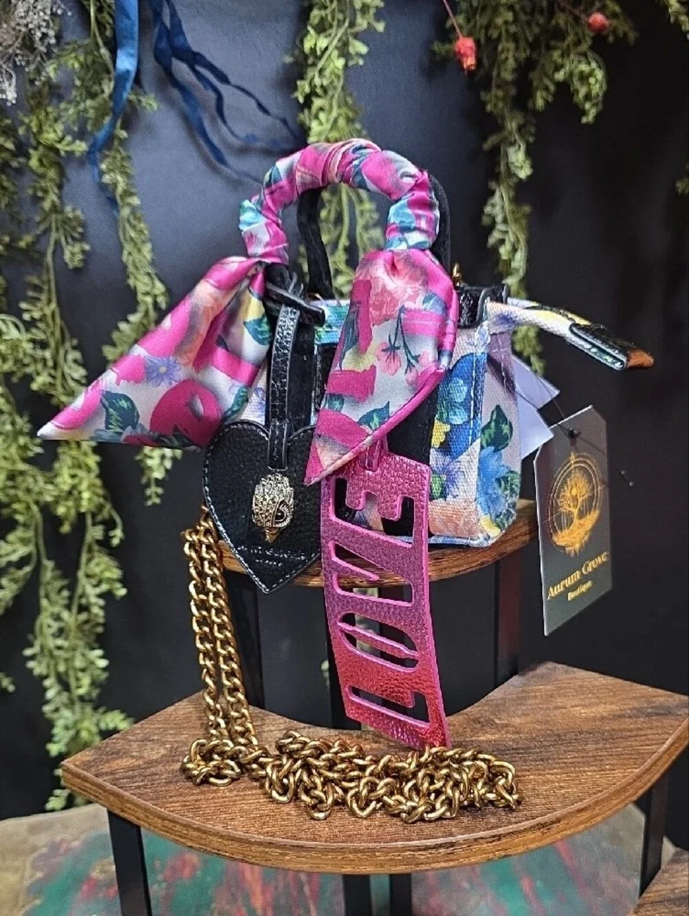 Kurt Geiger Micro Crossbody w/ Floral Scarf Handle Charm w/ Gold Chain & Accents